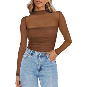 imageZeagoo Womens Sexy Mock Turtle Neck Long Sleeve Tops Sheer Mesh Ruched Trendy Going Out Shirts BlouseBrown