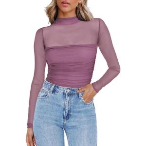imageZeagoo Womens Sexy Mock Turtle Neck Long Sleeve Tops Sheer Mesh Ruched Trendy Going Out Shirts BlouseFuchsia