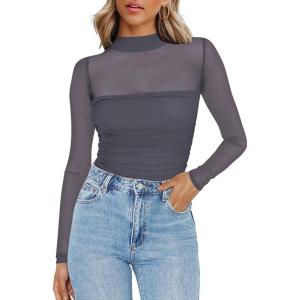 imageZeagoo Womens Sexy Mock Turtle Neck Long Sleeve Tops Sheer Mesh Ruched Trendy Going Out Shirts BlouseGrey
