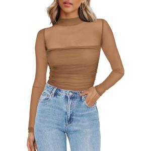 imageZeagoo Womens Sexy Mock Turtle Neck Long Sleeve Tops Sheer Mesh Ruched Trendy Going Out Shirts BlouseLight Tan