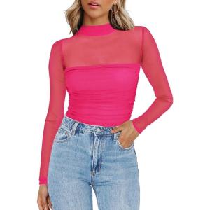 imageZeagoo Womens Sexy Mock Turtle Neck Long Sleeve Tops Sheer Mesh Ruched Trendy Going Out Shirts BlouseRose Red