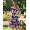imageZeagoo Womens Summer Dress Casual Puff Sleeve Square Neck Midi Dresses Tiered Beach Vacation ALine Sundress with PocketsPink Green Floral