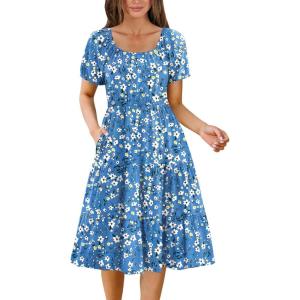 imageZeagoo Womens Summer Dress Casual Puff Sleeve Square Neck Midi Dresses Tiered Beach Vacation ALine Sundress with Pockets01beige Pink Floral