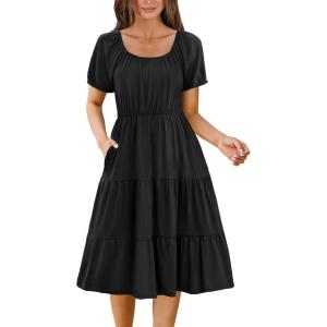 imageZeagoo Womens Summer Dress Casual Puff Sleeve Square Neck Midi Dresses Tiered Beach Vacation ALine Sundress with Pockets01black