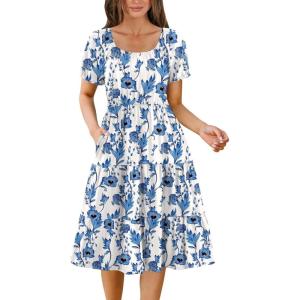 imageZeagoo Womens Summer Dress Casual Puff Sleeve Square Neck Midi Dresses Tiered Beach Vacation ALine Sundress with Pockets01light Blue Floral