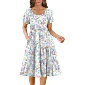 imageZeagoo Womens Summer Dress Casual Puff Sleeve Square Neck Midi Dresses Tiered Beach Vacation ALine Sundress with Pockets01purple Floral
