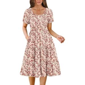 imageZeagoo Womens Summer Dress Casual Puff Sleeve Square Neck Midi Dresses Tiered Beach Vacation ALine Sundress with Pockets01royal Blue Floral