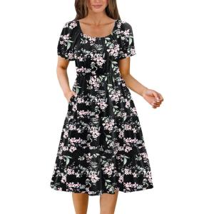 imageZeagoo Womens Summer Dress Casual Puff Sleeve Square Neck Midi Dresses Tiered Beach Vacation ALine Sundress with PocketsBlack Floral 1