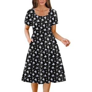 imageZeagoo Womens Summer Dress Casual Puff Sleeve Square Neck Midi Dresses Tiered Beach Vacation ALine Sundress with PocketsBlack Floral 3