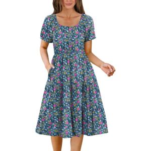 imageZeagoo Womens Summer Dress Casual Puff Sleeve Square Neck Midi Dresses Tiered Beach Vacation ALine Sundress with PocketsBlue Floral