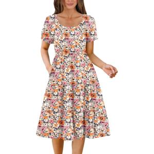 imageZeagoo Womens Summer Dress Casual Puff Sleeve Square Neck Midi Dresses Tiered Beach Vacation ALine Sundress with PocketsColor Pattern 1