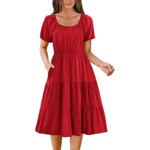 imageZeagoo Womens Summer Dress Casual Puff Sleeve Square Neck Midi Dresses Tiered Beach Vacation ALine Sundress with PocketsDeep Red