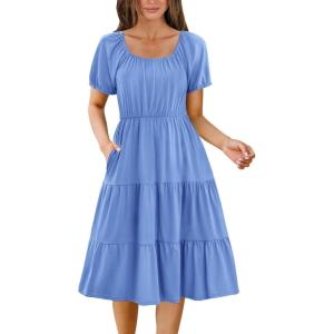 imageZeagoo Womens Summer Dress Casual Puff Sleeve Square Neck Midi Dresses Tiered Beach Vacation ALine Sundress with PocketsLight Blue
