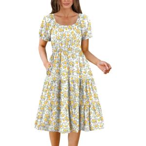 imageZeagoo Womens Summer Dress Casual Puff Sleeve Square Neck Midi Dresses Tiered Beach Vacation ALine Sundress with PocketsLight Yellow Floral