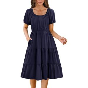 imageZeagoo Womens Summer Dress Casual Puff Sleeve Square Neck Midi Dresses Tiered Beach Vacation ALine Sundress with PocketsNavy Bulue