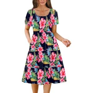 imageZeagoo Womens Summer Dress Casual Puff Sleeve Square Neck Midi Dresses Tiered Beach Vacation ALine Sundress with PocketsPink Green Floral