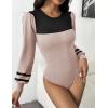 imageZeagoo Women 2024 Long Puff Sleeve Sweater Fall Slim Fit Pullover Tops Crewneck Ribbed Knit Bodysuit Jumpsuit SXXLApricot Black Stripe