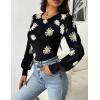 imageZeagoo Women 2024 Long Puff Sleeve Sweater Fall Slim Fit Pullover Tops Crewneck Ribbed Knit Bodysuit Jumpsuit SXXLBlack Flower