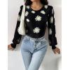 imageZeagoo Women 2024 Long Puff Sleeve Sweater Fall Slim Fit Pullover Tops Crewneck Ribbed Knit Bodysuit Jumpsuit SXXLBlack Flower