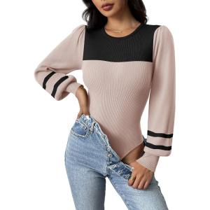 imageZeagoo Women 2024 Long Puff Sleeve Sweater Fall Slim Fit Pullover Tops Crewneck Ribbed Knit Bodysuit Jumpsuit SXXLApricot Black Stripe
