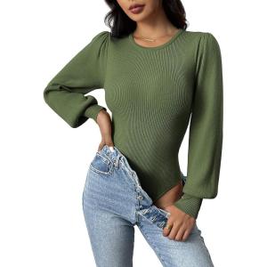 imageZeagoo Women 2024 Long Puff Sleeve Sweater Fall Slim Fit Pullover Tops Crewneck Ribbed Knit Bodysuit Jumpsuit SXXLArmy Green