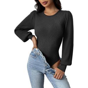 imageZeagoo Women 2024 Long Puff Sleeve Sweater Fall Slim Fit Pullover Tops Crewneck Ribbed Knit Bodysuit Jumpsuit SXXLBlack