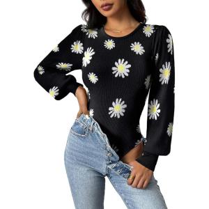 imageZeagoo Women 2024 Long Puff Sleeve Sweater Fall Slim Fit Pullover Tops Crewneck Ribbed Knit Bodysuit Jumpsuit SXXLBlack Flower