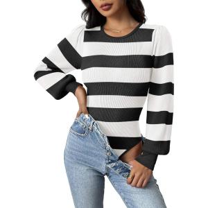 imageZeagoo Women 2024 Long Puff Sleeve Sweater Fall Slim Fit Pullover Tops Crewneck Ribbed Knit Bodysuit Jumpsuit SXXLBlack White