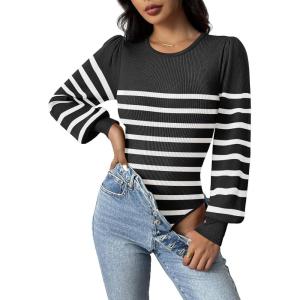 imageZeagoo Women 2024 Long Puff Sleeve Sweater Fall Slim Fit Pullover Tops Crewneck Ribbed Knit Bodysuit Jumpsuit SXXLBlack White Striped