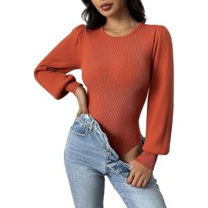 imageZeagoo Women 2024 Long Puff Sleeve Sweater Fall Slim Fit Pullover Tops Crewneck Ribbed Knit Bodysuit Jumpsuit SXXLCaramel