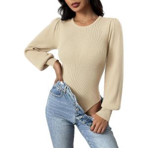 imageZeagoo Women 2024 Long Puff Sleeve Sweater Fall Slim Fit Pullover Tops Crewneck Ribbed Knit Bodysuit Jumpsuit SXXLCoffee