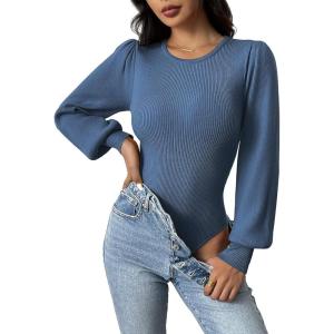 imageZeagoo Women 2024 Long Puff Sleeve Sweater Fall Slim Fit Pullover Tops Crewneck Ribbed Knit Bodysuit Jumpsuit SXXLNavy Blue