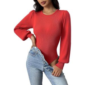 imageZeagoo Women 2024 Long Puff Sleeve Sweater Fall Slim Fit Pullover Tops Crewneck Ribbed Knit Bodysuit Jumpsuit SXXLRed