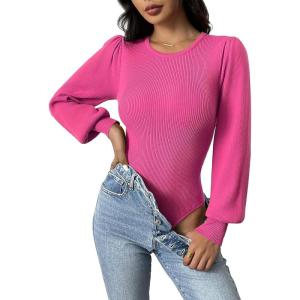 imageZeagoo Women 2024 Long Puff Sleeve Sweater Fall Slim Fit Pullover Tops Crewneck Ribbed Knit Bodysuit Jumpsuit SXXLRose Red