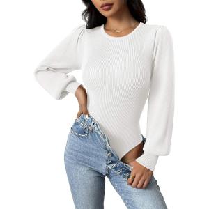 imageZeagoo Women 2024 Long Puff Sleeve Sweater Fall Slim Fit Pullover Tops Crewneck Ribbed Knit Bodysuit Jumpsuit SXXLWhite