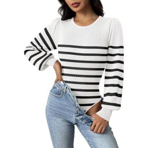 imageZeagoo Women 2024 Long Puff Sleeve Sweater Fall Slim Fit Pullover Tops Crewneck Ribbed Knit Bodysuit Jumpsuit SXXLWhite Black Stripe
