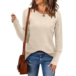 imageZeagoo Womens 2025 Fall Sweaters Casual Long Sleeve Crew Neck Ribbed Knit Side Slit Pullover SweaterApricot