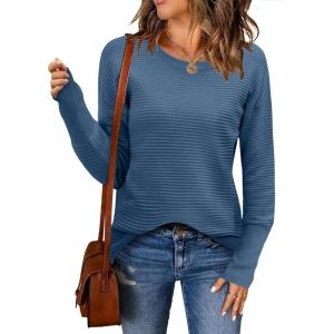 imageZeagoo Womens 2025 Fall Sweaters Casual Long Sleeve Crew Neck Ribbed Knit Side Slit Pullover SweaterBlue