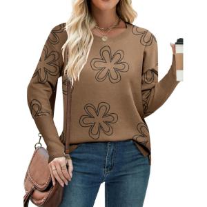 imageZeagoo Womens 2025 Fall Sweaters Casual Long Sleeve Crew Neck Ribbed Knit Side Slit Pullover SweaterFloral Print1