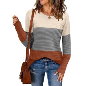 imageZeagoo Womens 2025 Fall Sweaters Casual Long Sleeve Crew Neck Ribbed Knit Side Slit Pullover SweaterGrayorange
