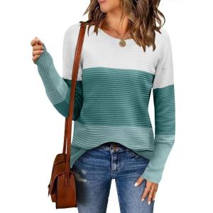 imageZeagoo Womens 2025 Fall Sweaters Casual Long Sleeve Crew Neck Ribbed Knit Side Slit Pullover SweaterGreenwhite