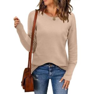 imageZeagoo Womens 2025 Fall Sweaters Casual Long Sleeve Crew Neck Ribbed Knit Side Slit Pullover SweaterKhaki