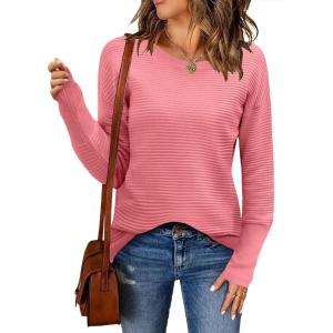 imageZeagoo Womens 2025 Fall Sweaters Casual Long Sleeve Crew Neck Ribbed Knit Side Slit Pullover SweaterPink