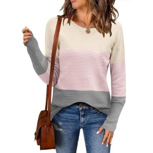 imageZeagoo Womens 2025 Fall Sweaters Casual Long Sleeve Crew Neck Ribbed Knit Side Slit Pullover SweaterPinkgray