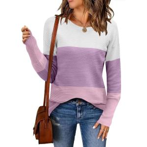 imageZeagoo Womens 2025 Fall Sweaters Casual Long Sleeve Crew Neck Ribbed Knit Side Slit Pullover SweaterPurplewhite
