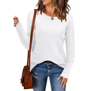 imageZeagoo Womens 2025 Fall Sweaters Casual Long Sleeve Crew Neck Ribbed Knit Side Slit Pullover SweaterWhite