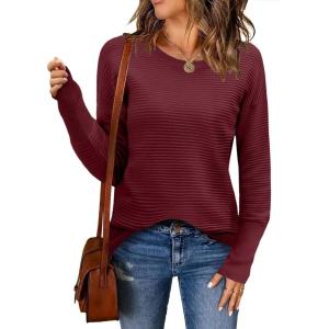 imageZeagoo Womens 2025 Fall Sweaters Casual Long Sleeve Crew Neck Ribbed Knit Side Slit Pullover SweaterWine Red