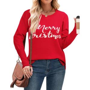 imageZeagoo Womens 2025 Fall Sweaters Casual Long Sleeve Crew Neck Ribbed Knit Side Slit Pullover SweaterXmas Red