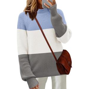 imageZeagoo Womens 2025 Fall Turtleneck Sweaters Trendy Loose Long Sleeve Knit Pullover Jumper TopsZblue Block Color