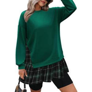 imageZeagoo Womens Sweatshirts Plaid Patchwork Crewneck Preppy Long Sleeve Hoodie 2024 Trendy Teen Girls Flowy Pullover TopGreen Plaid